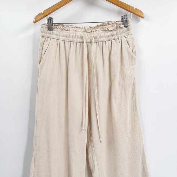 Linen Cropped Wide Leg High Waisted Tan Drawstring Waist Pants Lightweight - Picture 5 of 7